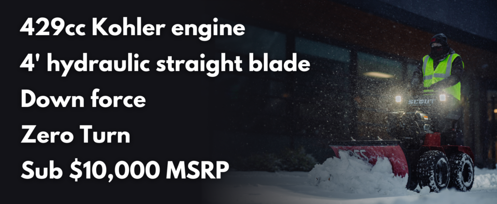 The BOSS SR Scout, a compact snow removal machine with a 34-inch wide body, shown clearing a narrow sidewalk. Equipped with a 4' hydraulic straight blade, the SR Scout features a powerful 429cc Kohler engine and ergonomic design. It’s a sleek, powerful machine, ideal for maneuvering through tight spaces and clearing snow efficiently.