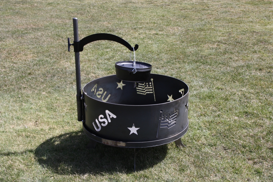 100% American made steel fire ring with a base and pot hanger add-on!