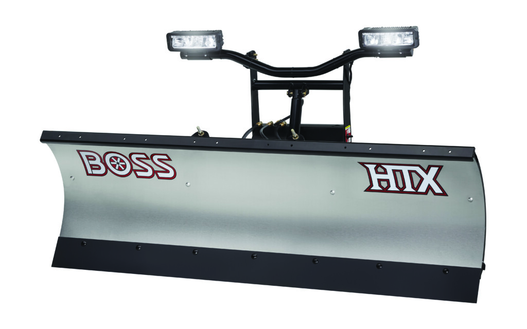 BOSS HTX Straight Blade snowplow mounted on a 2024 Ford Ranger, showcasing its rugged design and full-trip moldboard in action on a snowy driveway.